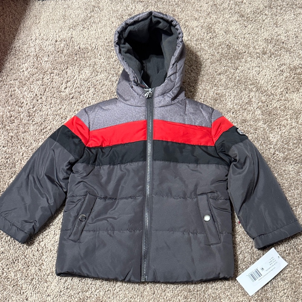 Gray and Red Rothschild Hooded Puffer Jacket